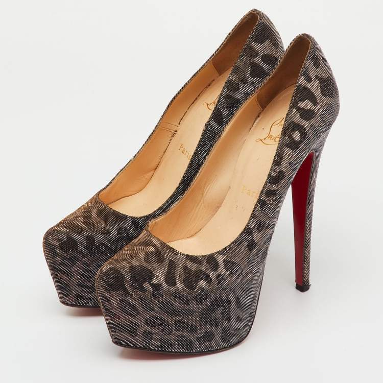 Pre Owned Christian Louboutin Metallic Lurex Fabric Leopard Print Daffodile Platform Pumps Size 38.5