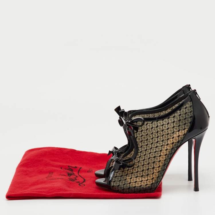 Pre Owned Christian Louboutin Black Mesh and Patent Leather Empiralta Bow Booties Size 39
