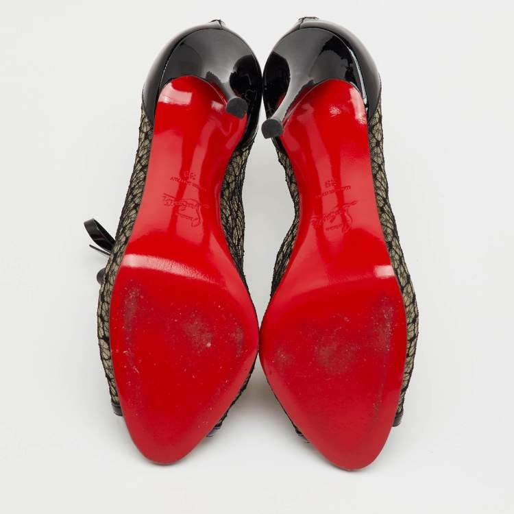 Pre Owned Christian Louboutin Black Mesh and Patent Leather Empiralta Bow Booties Size 39