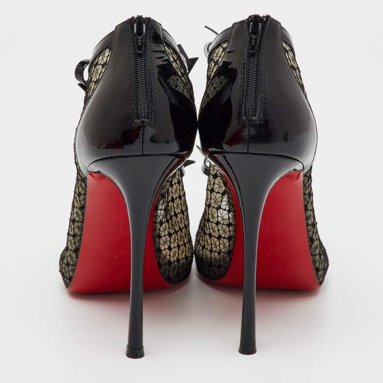 Pre Owned Christian Louboutin Black Mesh and Patent Leather Empiralta Bow Booties Size 39