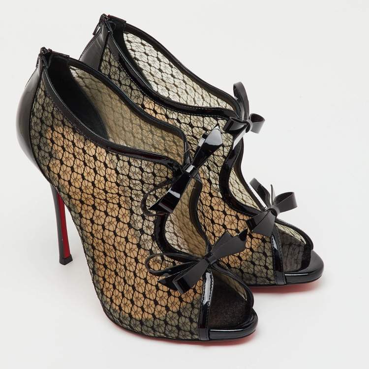 Pre Owned Christian Louboutin Black Mesh and Patent Leather Empiralta Bow Booties Size 39