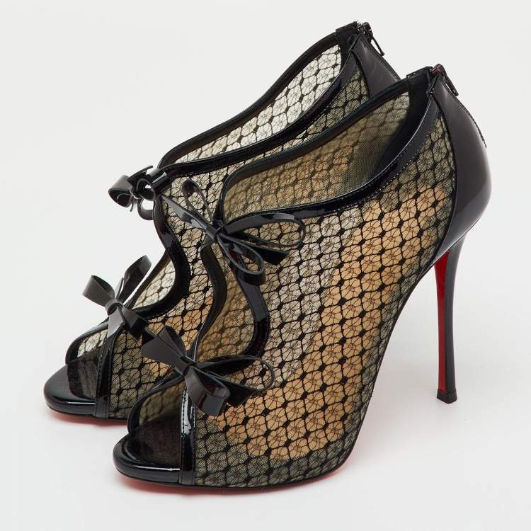 Pre Owned Christian Louboutin Black Mesh and Patent Leather Empiralta Bow Booties Size 39