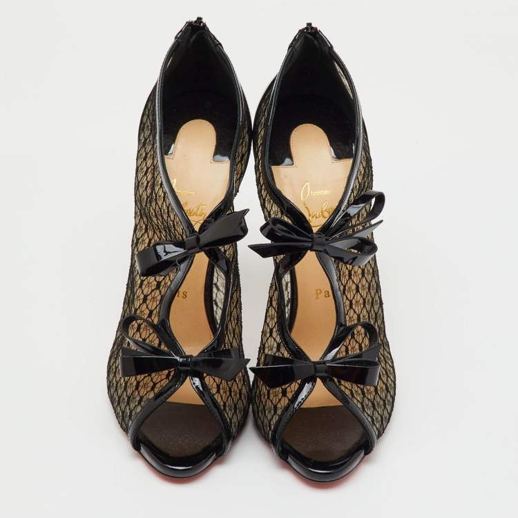 Pre Owned Christian Louboutin Black Mesh and Patent Leather Empiralta Bow Booties Size 39