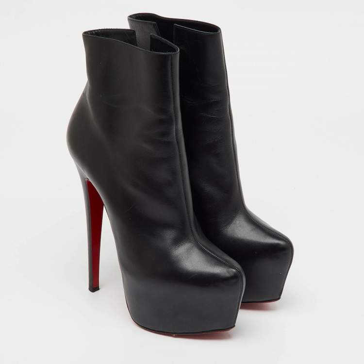 Pre Owned Christian Louboutin Black Leather Lady Daf Ankle Length Platform Boots Size 37