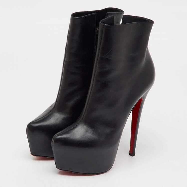Pre Owned Christian Louboutin Black Leather Lady Daf Ankle Length Platform Boots Size 37