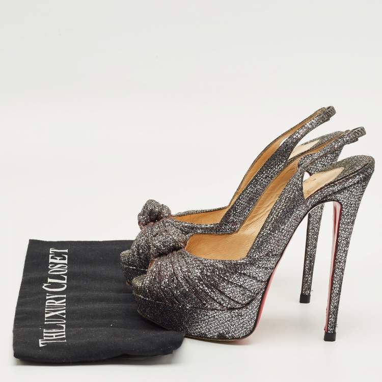 Pre Owned Christian Louboutin Grey Glitter Jenny Knotted Slingback Sandals Size 38