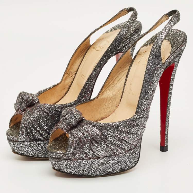 Pre Owned Christian Louboutin Grey Glitter Jenny Knotted Slingback Sandals Size 38