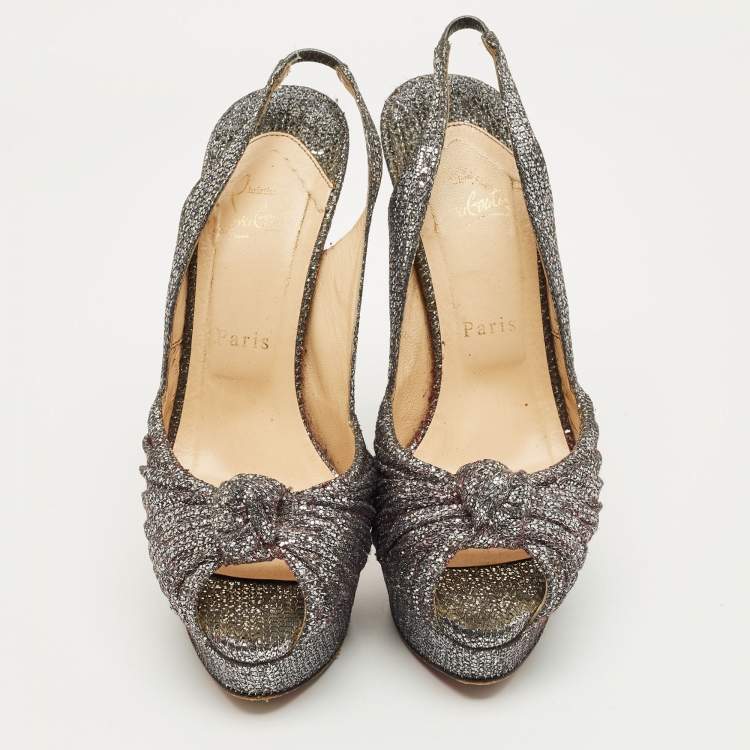 Pre Owned Christian Louboutin Grey Glitter Jenny Knotted Slingback Sandals Size 38