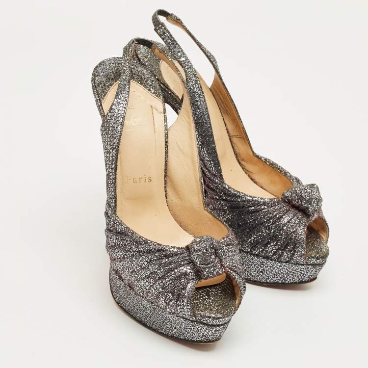 Pre Owned Christian Louboutin Grey Glitter Jenny Knotted Slingback Sandals Size 38