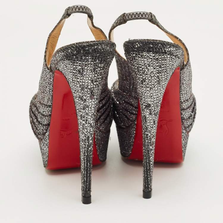 Pre Owned Christian Louboutin Grey Glitter Jenny Knotted Slingback Sandals Size 38