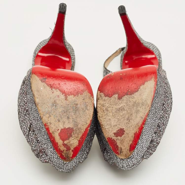 Pre Owned Christian Louboutin Grey Glitter Jenny Knotted Slingback Sandals Size 38