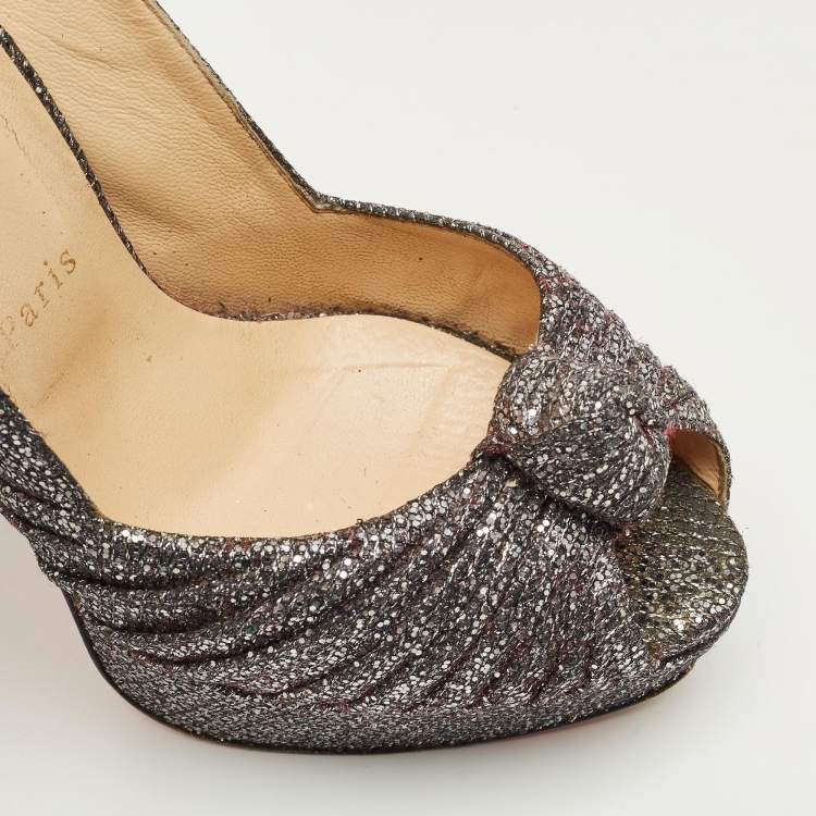 Pre Owned Christian Louboutin Grey Glitter Jenny Knotted Slingback Sandals Size 38