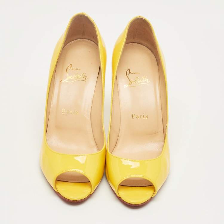 Pre Owned Christian Louboutin Yellow Patent Leather Lady Peep Pumps Size 37