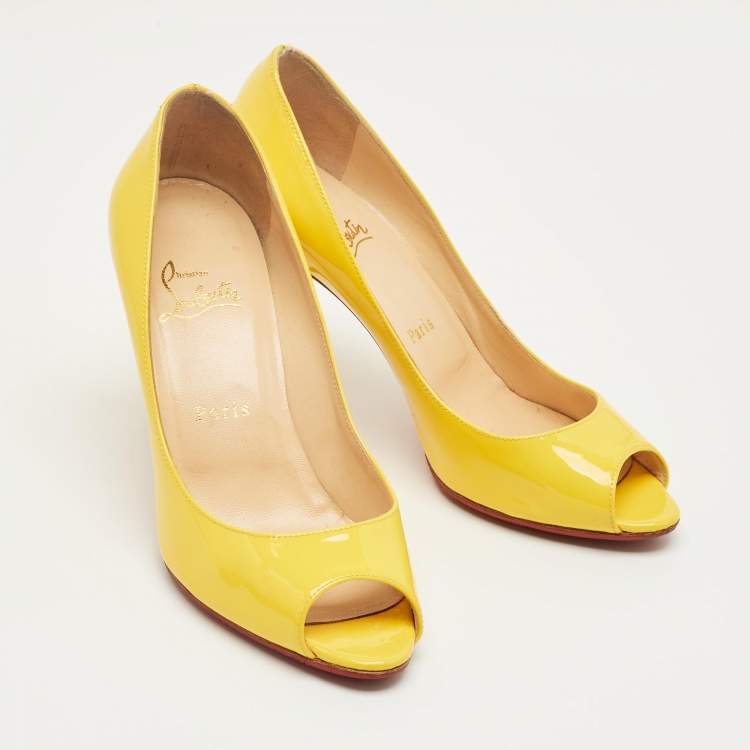 Pre Owned Christian Louboutin Yellow Patent Leather Lady Peep Pumps Size 37