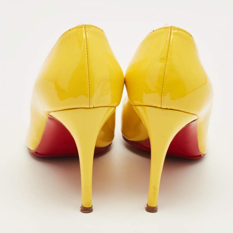 Pre Owned Christian Louboutin Yellow Patent Leather Lady Peep Pumps Size 37