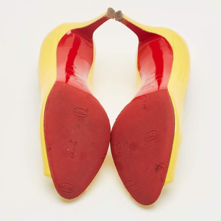 Pre Owned Christian Louboutin Yellow Patent Leather Lady Peep Pumps Size 37