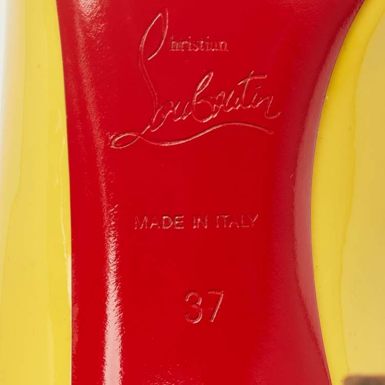 Pre Owned Christian Louboutin Yellow Patent Leather Lady Peep Pumps Size 37
