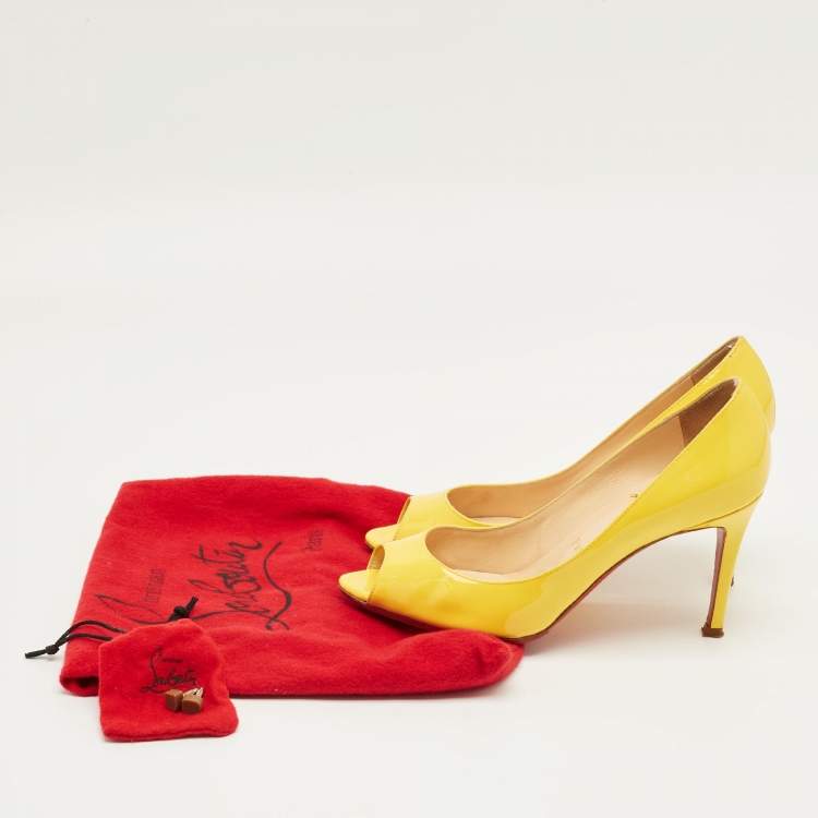 Pre Owned Christian Louboutin Yellow Patent Leather Lady Peep Pumps Size 37