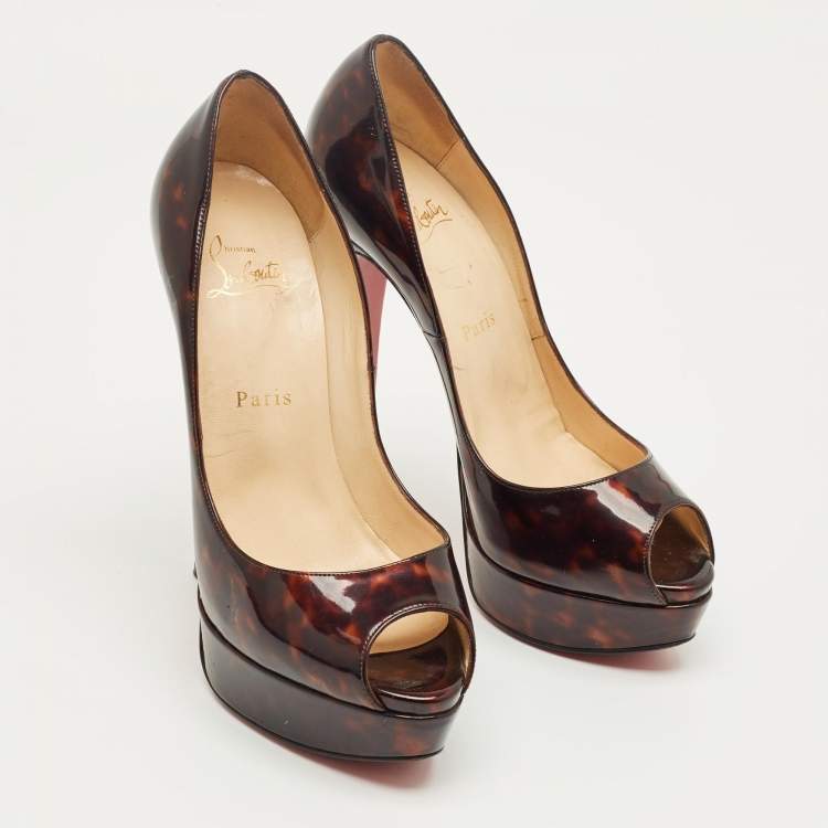 Pre Owned Christian Louboutin Black/Brown Patent Leather Lady Peep Toe Pumps Size 38