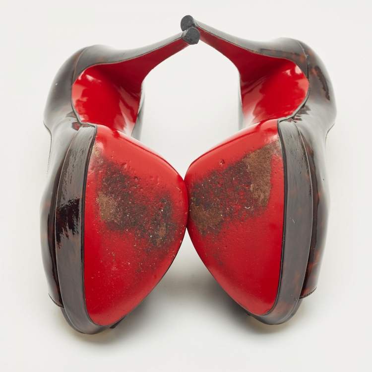 Pre Owned Christian Louboutin Black/Brown Patent Leather Lady Peep Toe Pumps Size 38