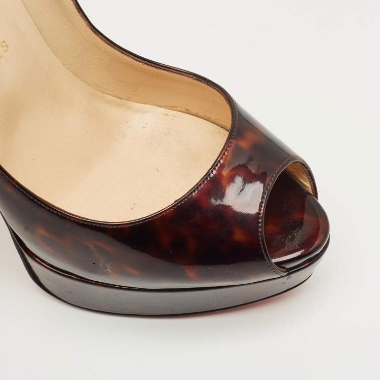 Pre Owned Christian Louboutin Black/Brown Patent Leather Lady Peep Toe Pumps Size 38