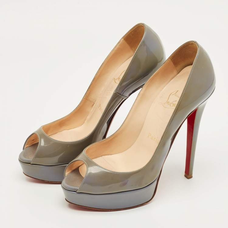 Pre Owned Christian Louboutin Grey Patent Leather Lady Peep Toe Pumps Size 36
