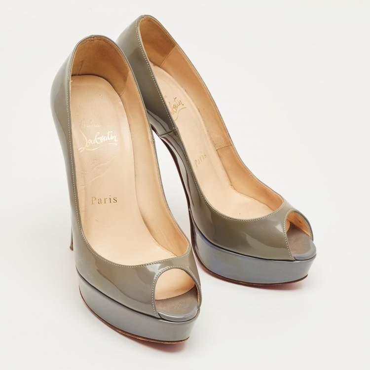 Pre Owned Christian Louboutin Grey Patent Leather Lady Peep Toe Pumps Size 36