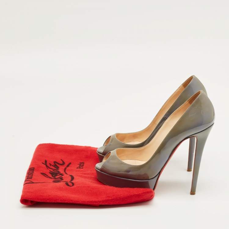 Pre Owned Christian Louboutin Grey Patent Leather Lady Peep Toe Pumps Size 36