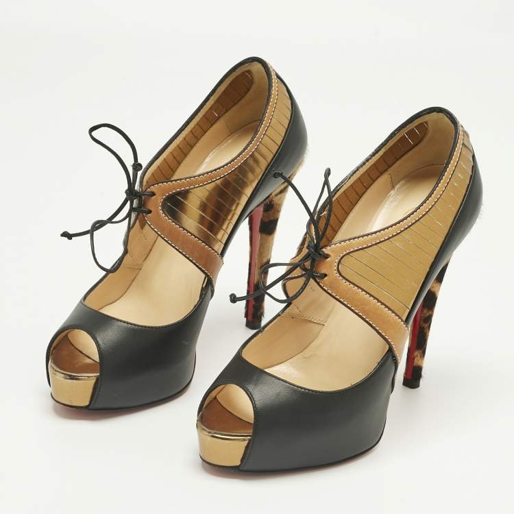 Pre Owned Christian Louboutin Black Calf Hair and Leather Peep Toe Pumps Size 37