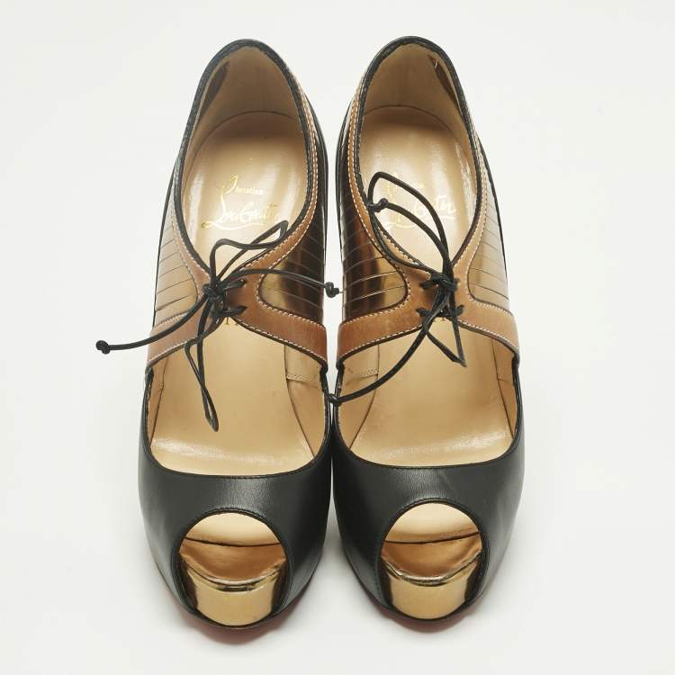 Pre Owned Christian Louboutin Black Calf Hair and Leather Peep Toe Pumps Size 37