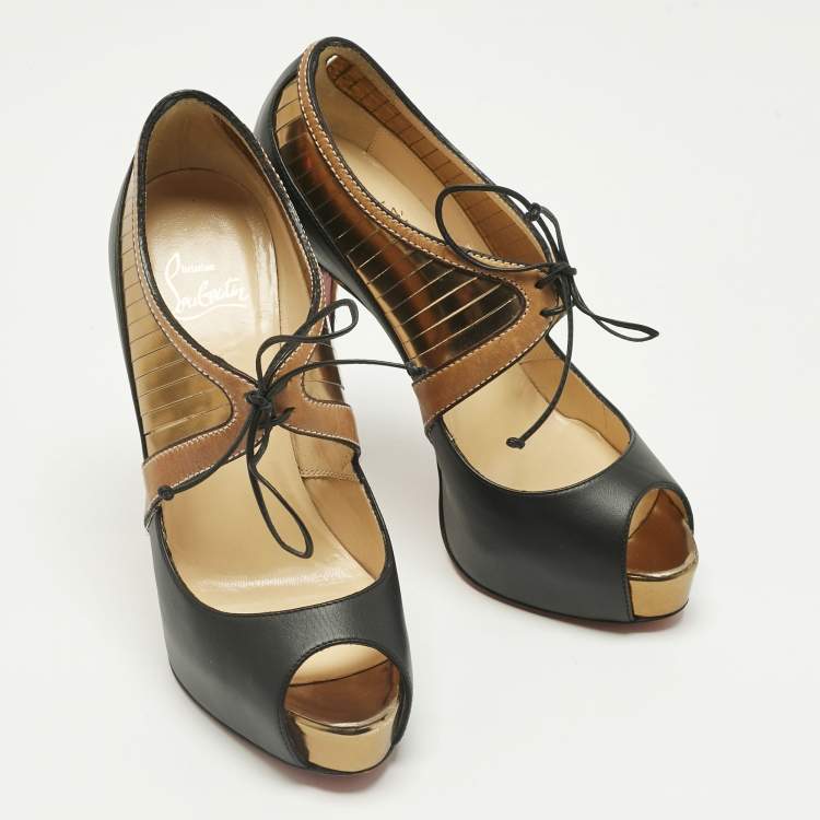 Pre Owned Christian Louboutin Black Calf Hair and Leather Peep Toe Pumps Size 37