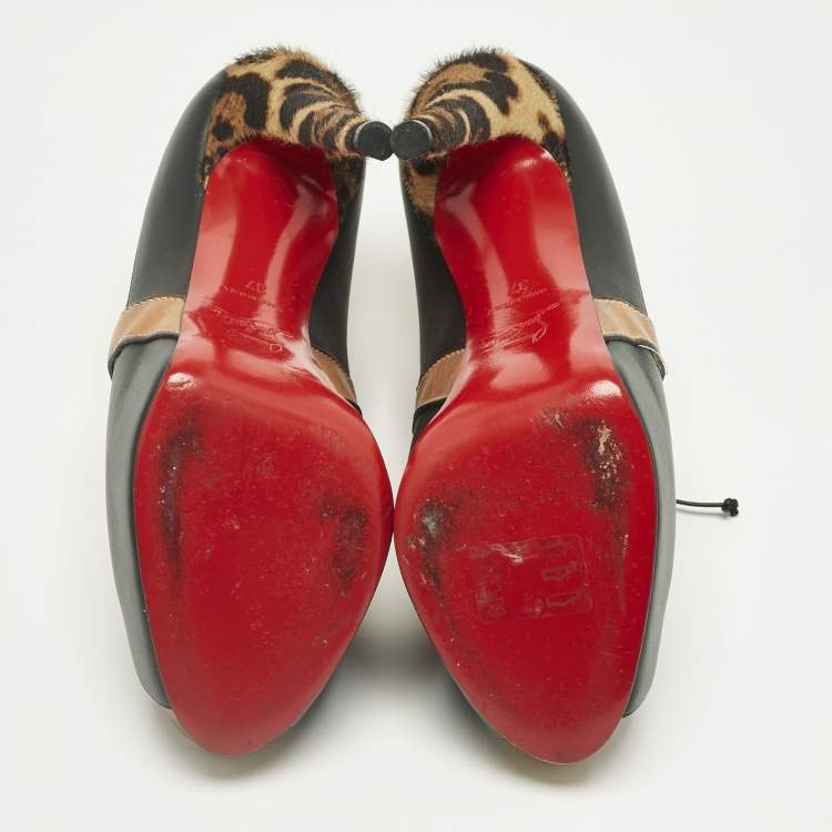 Pre Owned Christian Louboutin Black Calf Hair and Leather Peep Toe Pumps Size 37