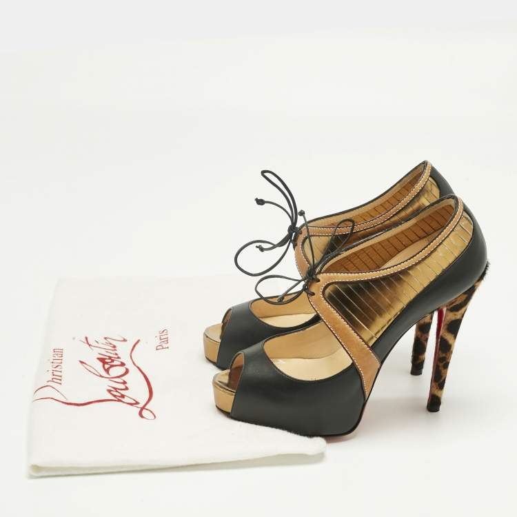 Pre Owned Christian Louboutin Black Calf Hair and Leather Peep Toe Pumps Size 37