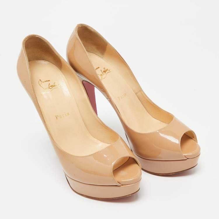 Pre Owned Christian Louboutin Beige Patent Leather Lady Peep Peep Toe Pumps Size 40