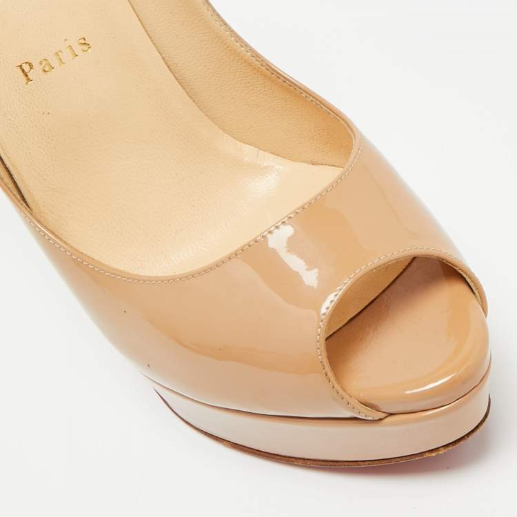 Pre Owned Christian Louboutin Beige Patent Leather Lady Peep Peep Toe Pumps Size 40