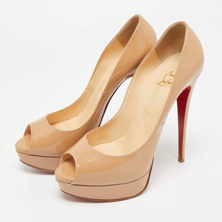 Pre Owned Christian Louboutin Beige Patent Leather Lady Peep Peep Toe Pumps Size 40