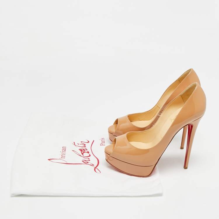 Pre Owned Christian Louboutin Beige Patent Leather Lady Peep Peep Toe Pumps Size 36