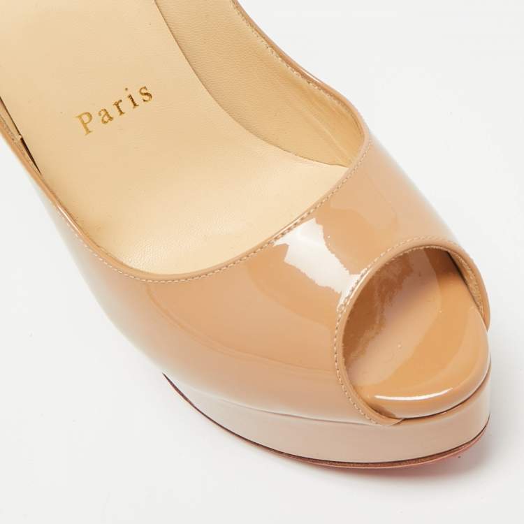 Pre Owned Christian Louboutin Beige Patent Leather Lady Peep Peep Toe Pumps Size 36