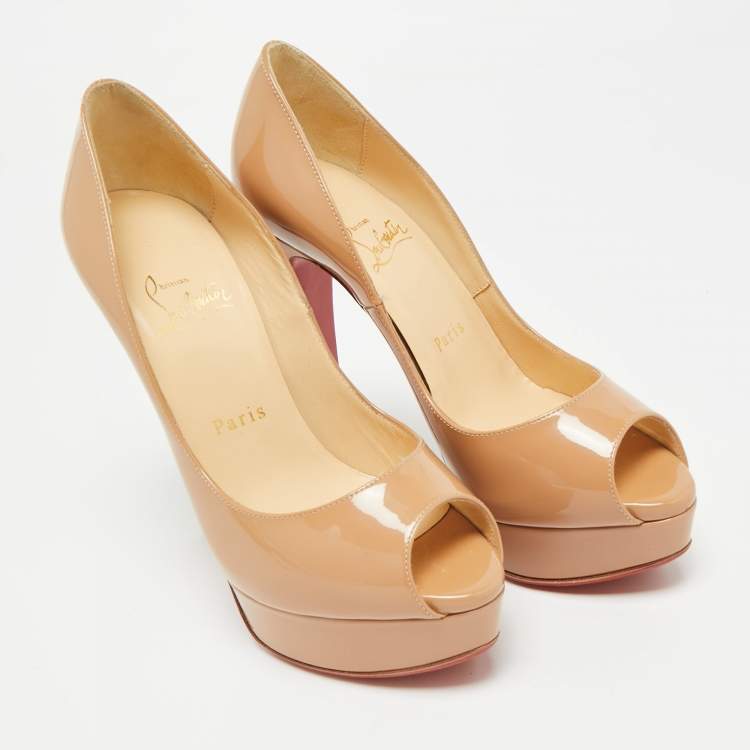 Pre Owned Christian Louboutin Beige Patent Leather Lady Peep Peep Toe Pumps Size 36