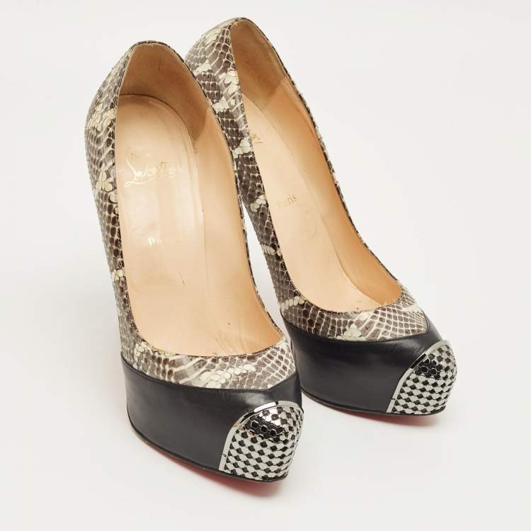 Pre Owned Christian Louboutin Black/Grey Snakeskin Leather Maggie Platform Pumps Size 42