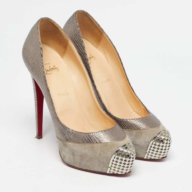 Pre Owned Christian Louboutin Two Tone Suede Maggie Embellished Cap Toe Platform Pumps Size 41