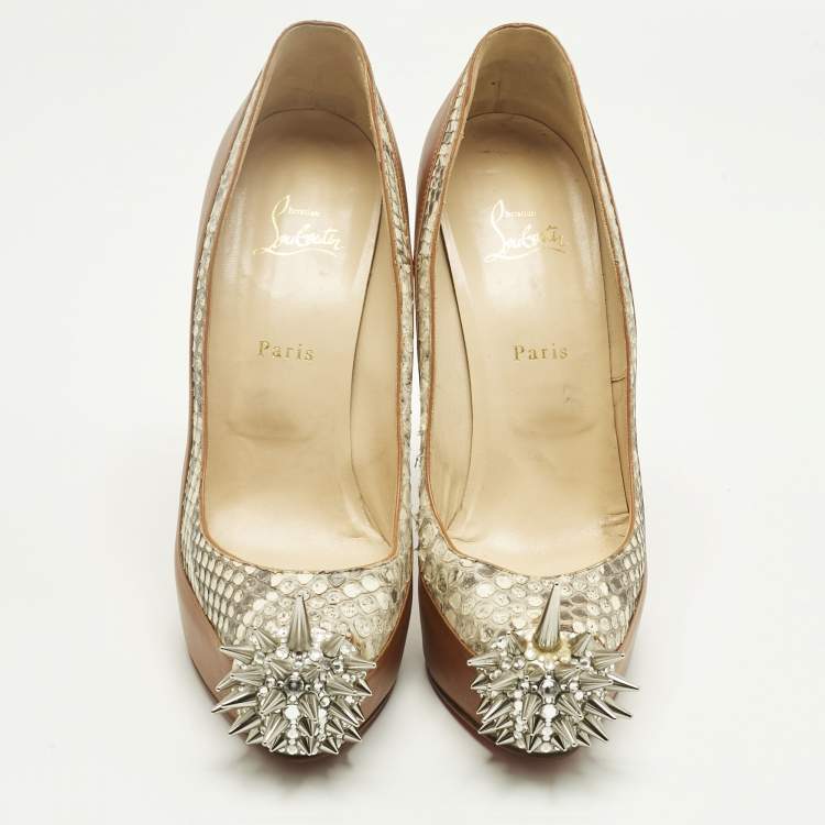 مملوكة مسبقًا Christian Louboutin Brown Leather and Python Asteroid Spike Platform Pumps Size 41