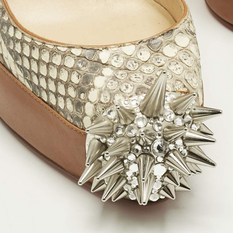 مملوكة مسبقًا Christian Louboutin Brown Leather and Python Asteroid Spike Platform Pumps Size 41
