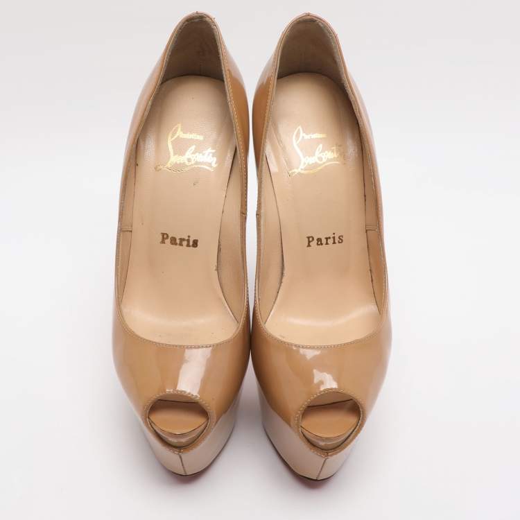 Pre Owned Christian Louboutin Beige Patent Highness Platform Pumps Size 35