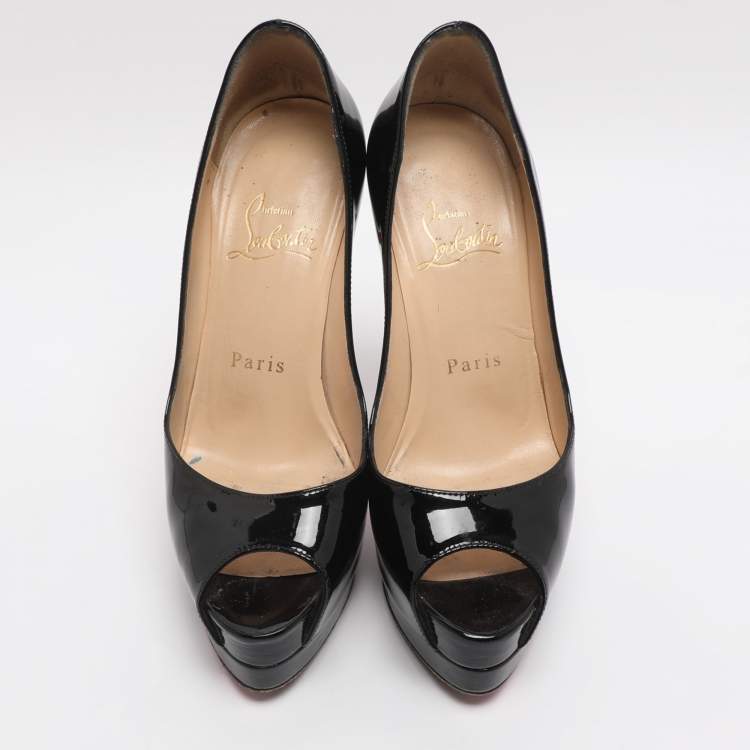 Pre Owned Christian Louboutin Black Patent Leather Lady Peep Toe Platform Pumps Size 35