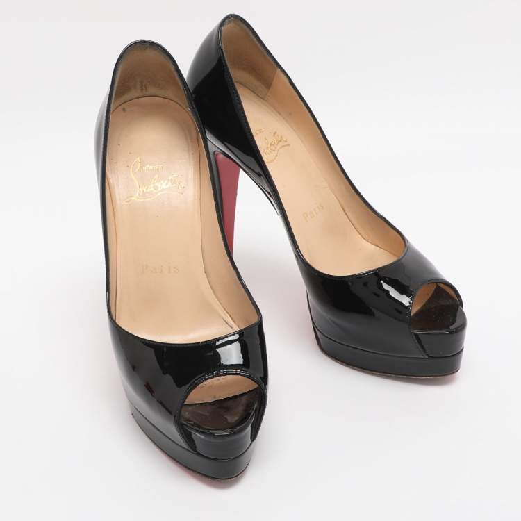 Pre Owned Christian Louboutin Black Patent Leather Lady Peep Toe Platform Pumps Size 35