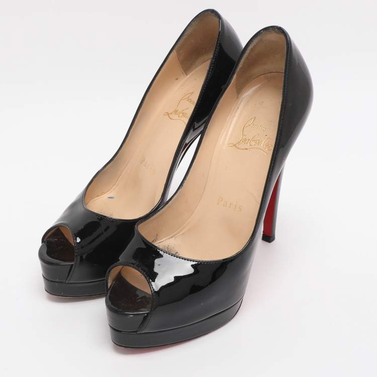 Pre Owned Christian Louboutin Black Patent Leather Lady Peep Toe Platform Pumps Size 35