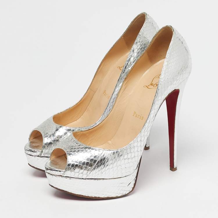 Pre Owned Christian Louboutin Silver Python Embossed Leather Lady Peep Peep Toe Pumps Size 38.5