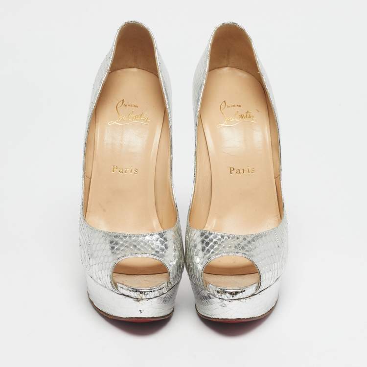 Pre Owned Christian Louboutin Silver Python Embossed Leather Lady Peep Peep Toe Pumps Size 38.5