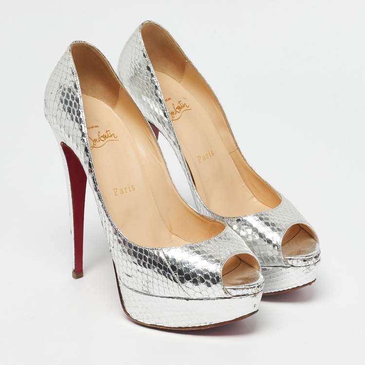 Pre Owned Christian Louboutin Silver Python Embossed Leather Lady Peep Peep Toe Pumps Size 38.5